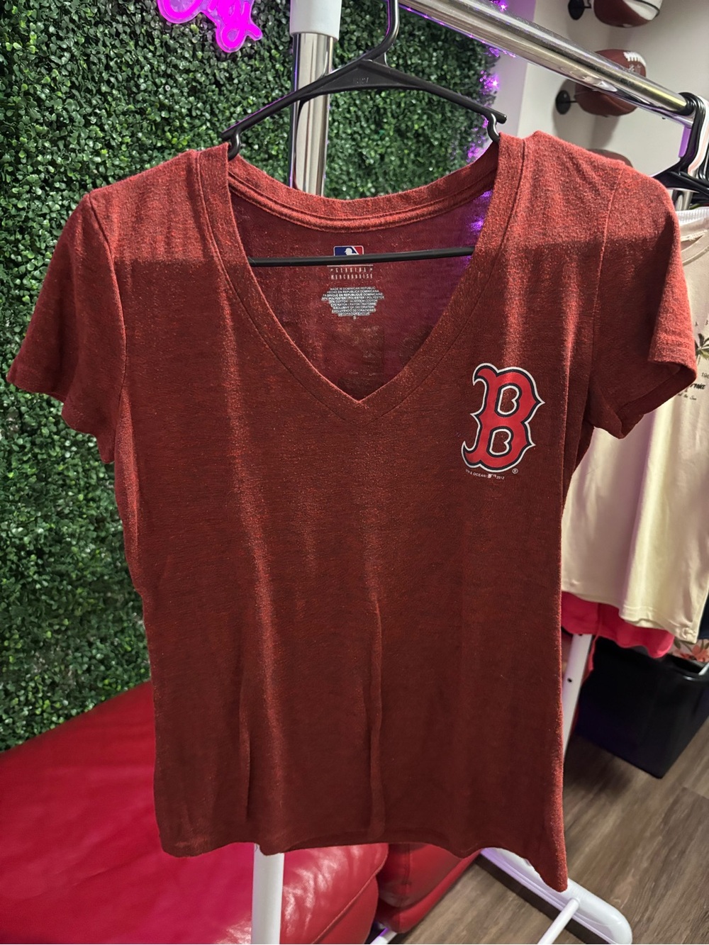 Genuine Merchandise Women's V-Neck Tee - Deep Red with Boston B logo